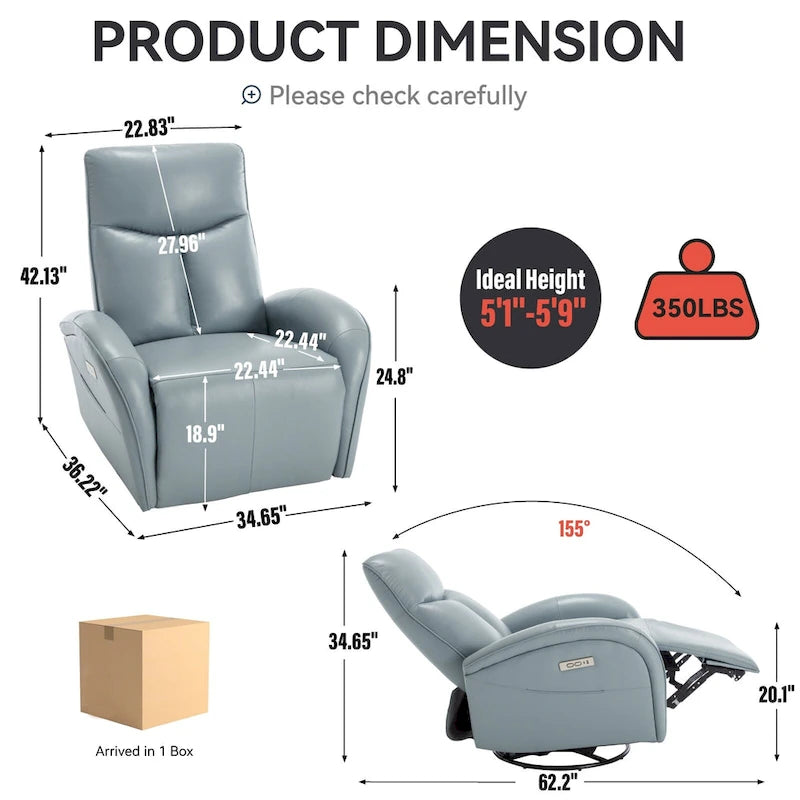 Fauteuil inclinable électrique en cuir véritable, pivotant et à bascule