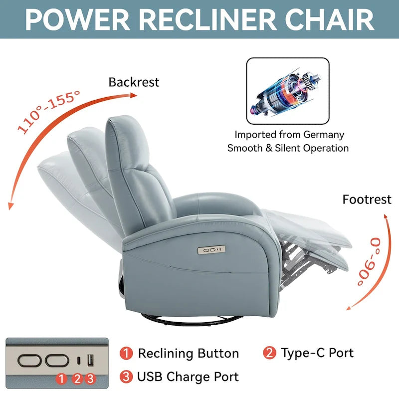 Fauteuil inclinable électrique en cuir véritable, pivotant et à bascule