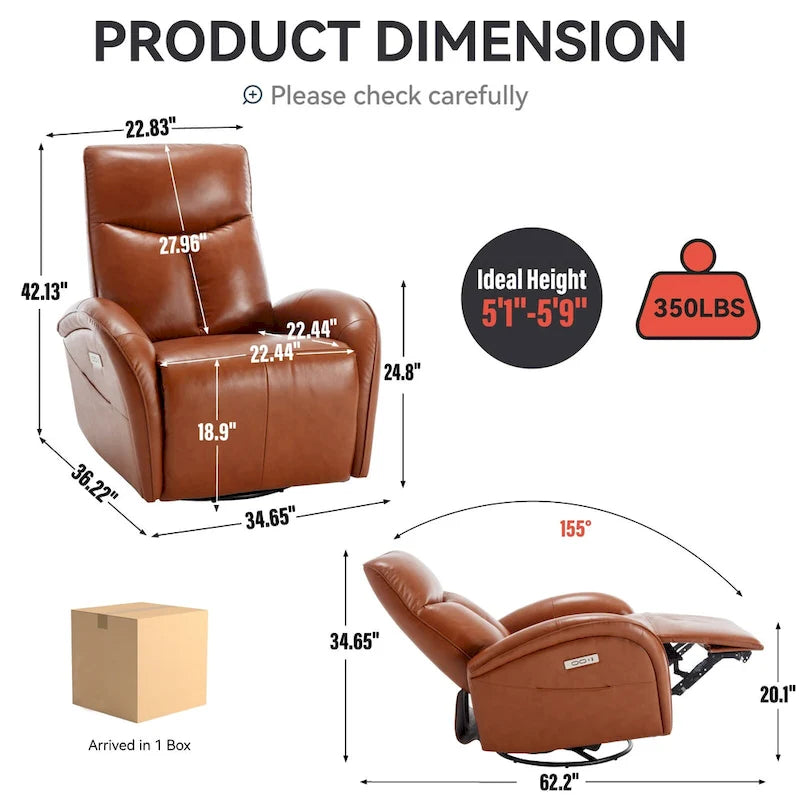 Fauteuil inclinable électrique en cuir véritable, pivotant et à bascule