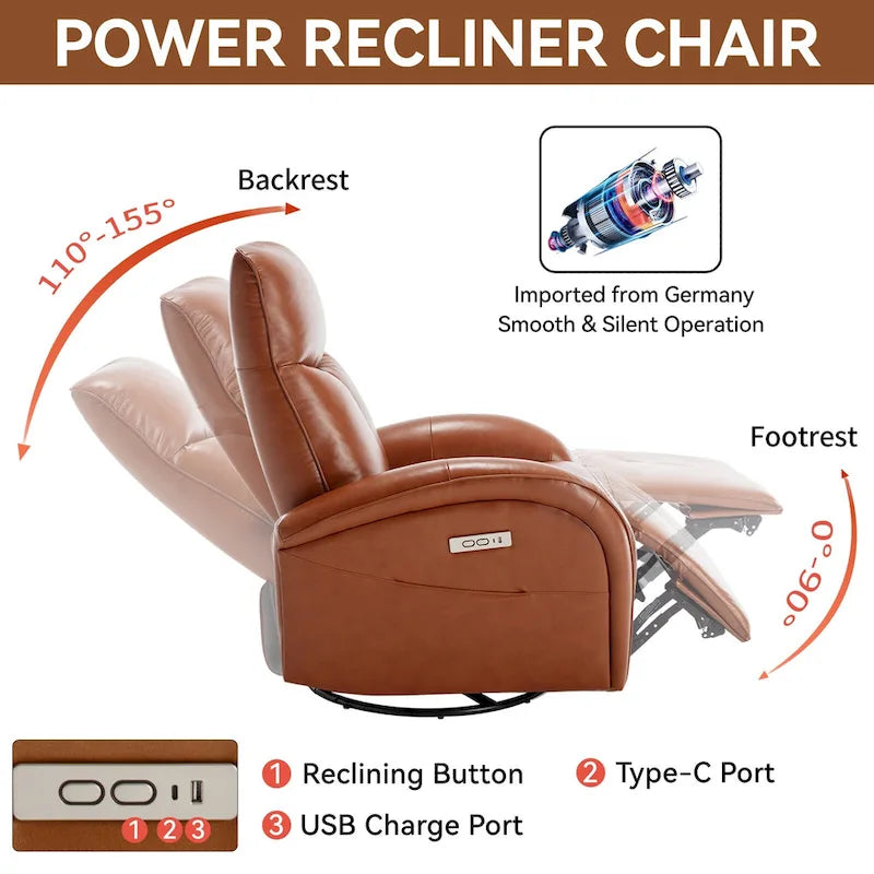 Fauteuil inclinable électrique en cuir véritable, pivotant et à bascule