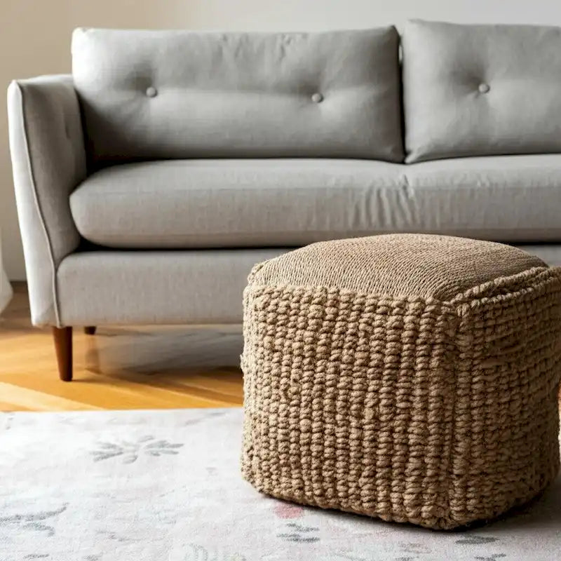Pouf ottoman cube en jute naturelle mélangée