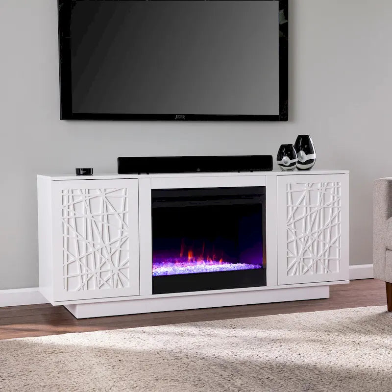Meuble TV cheminée électrique à couleurs changeantes avec fonction de rangement