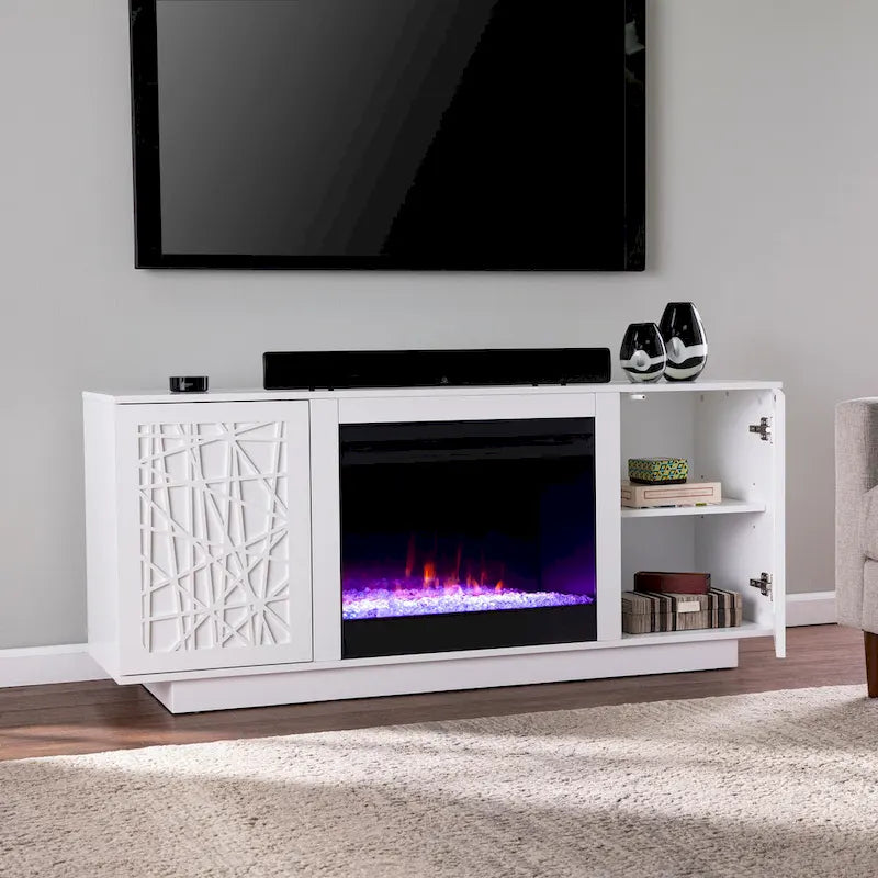 Meuble TV cheminée électrique à couleurs changeantes avec fonction de rangement