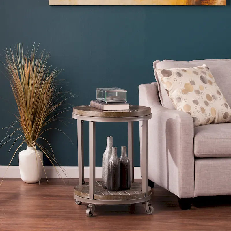 Table d'appoint ronde de style industriel avec plateau en bois marron