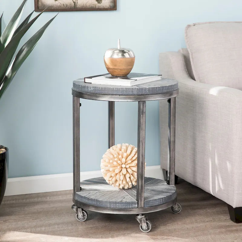 Table d'appoint ronde de style industriel avec plateau en bois marron