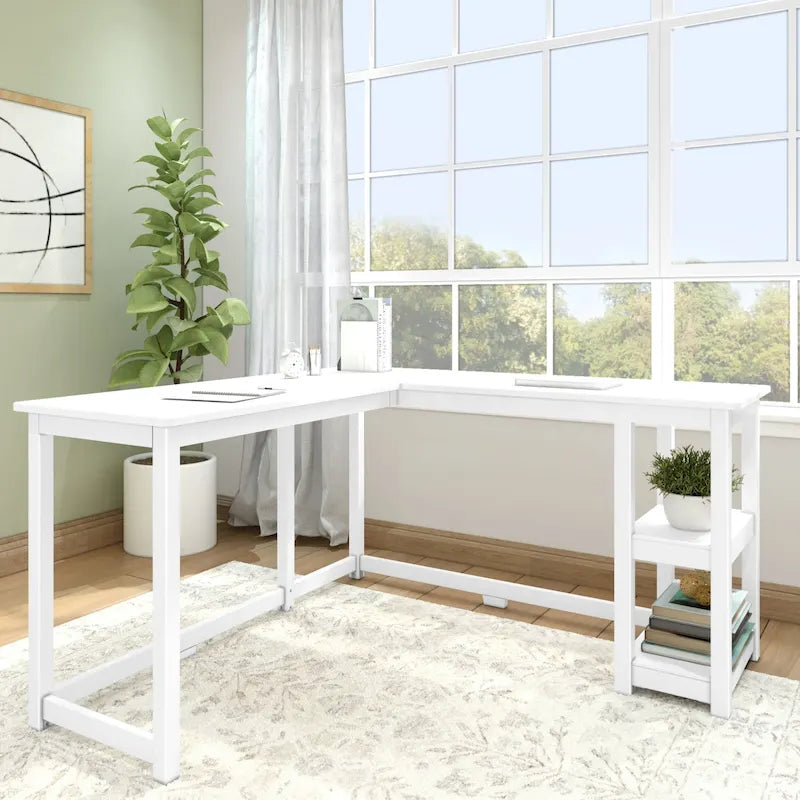 Bureau d'angle avec étagères style planche et poutre
