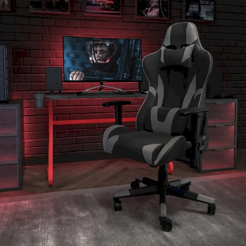 Chaise de jeu ergonomique de course avec dossier entièrement inclinable en similicuir rouge