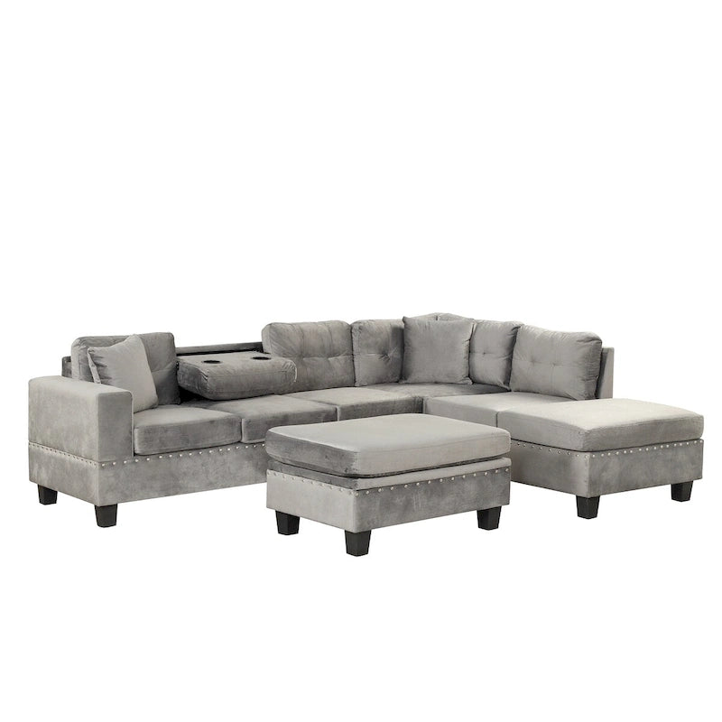 Canapé sectionnel moderne en L de 104,5 pouces avec pouf de rangement et méridienne réversible - 104,5 larg. x 74,5 prof. x 33,5 haut.