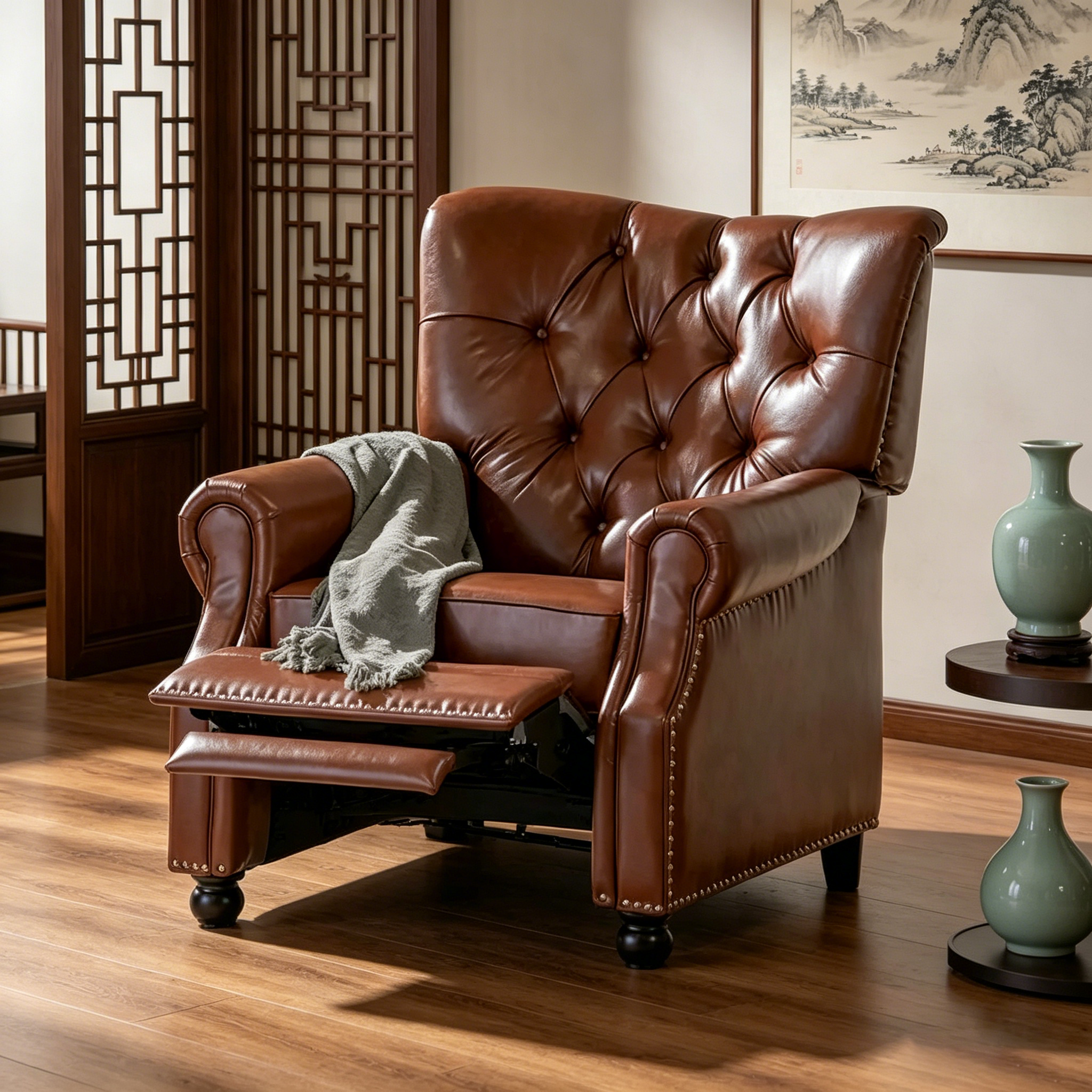 Fauteuil inclinable à pousser, Repose-pieds, Dossier capitonné, Clous décoratifs