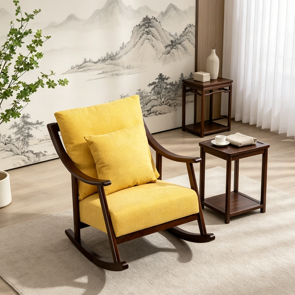 Fauteuil à bascule en lin et bois massif