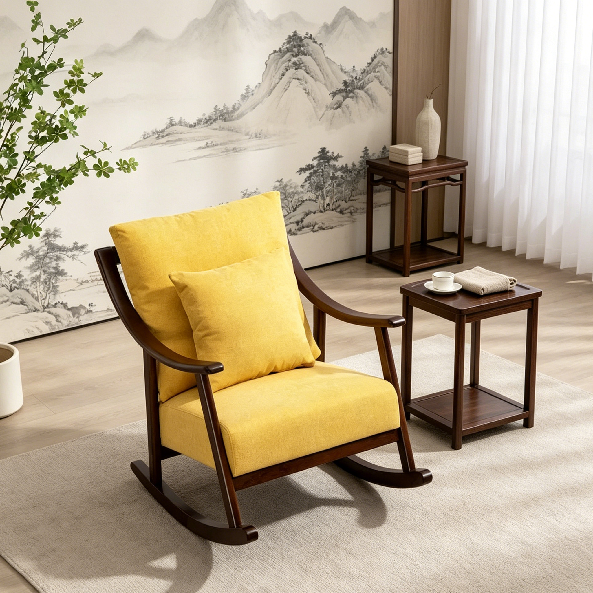 Fauteuil à bascule en lin et bois massif