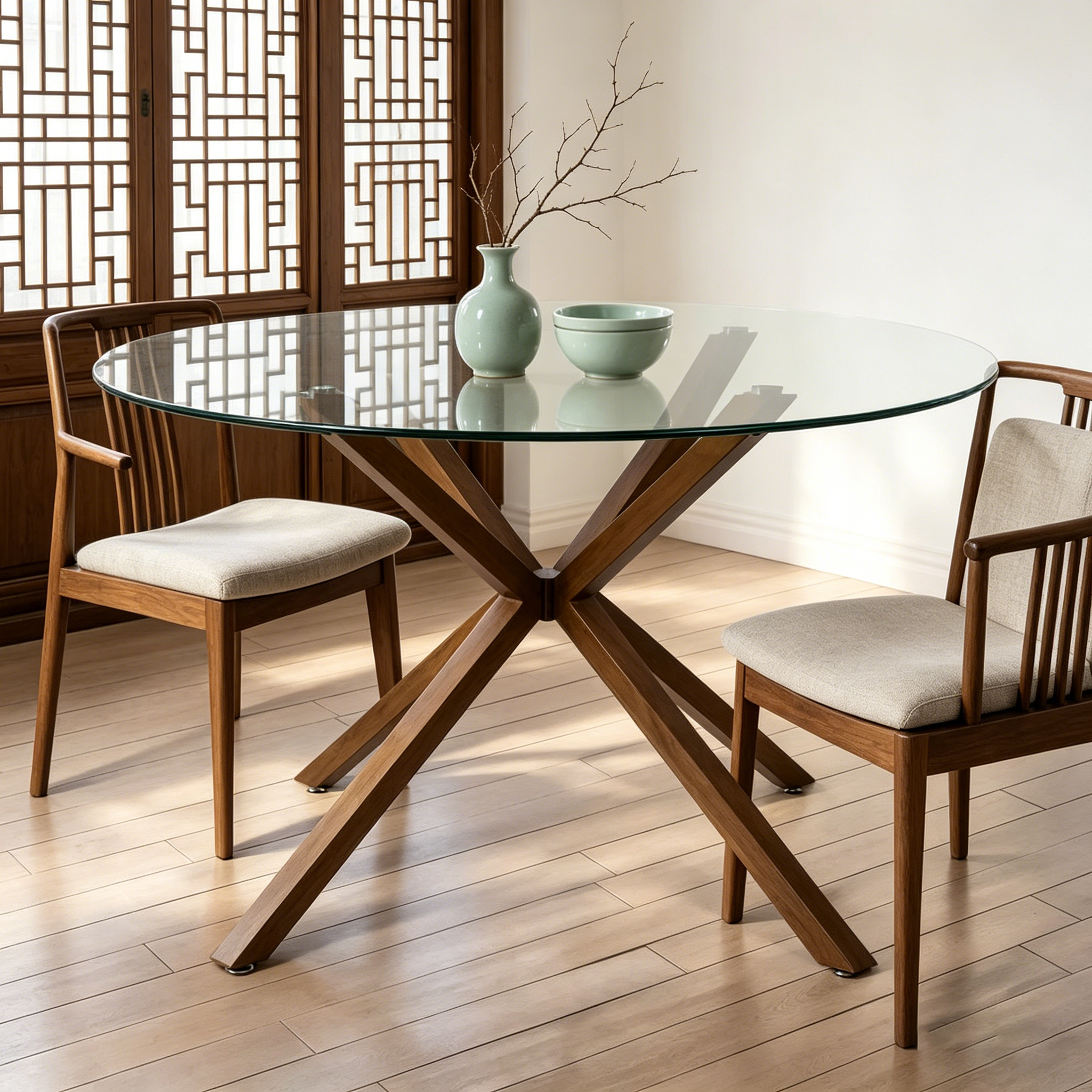 Table à manger en verre ronde de 39 po avec pied en noyer – 39x30x27