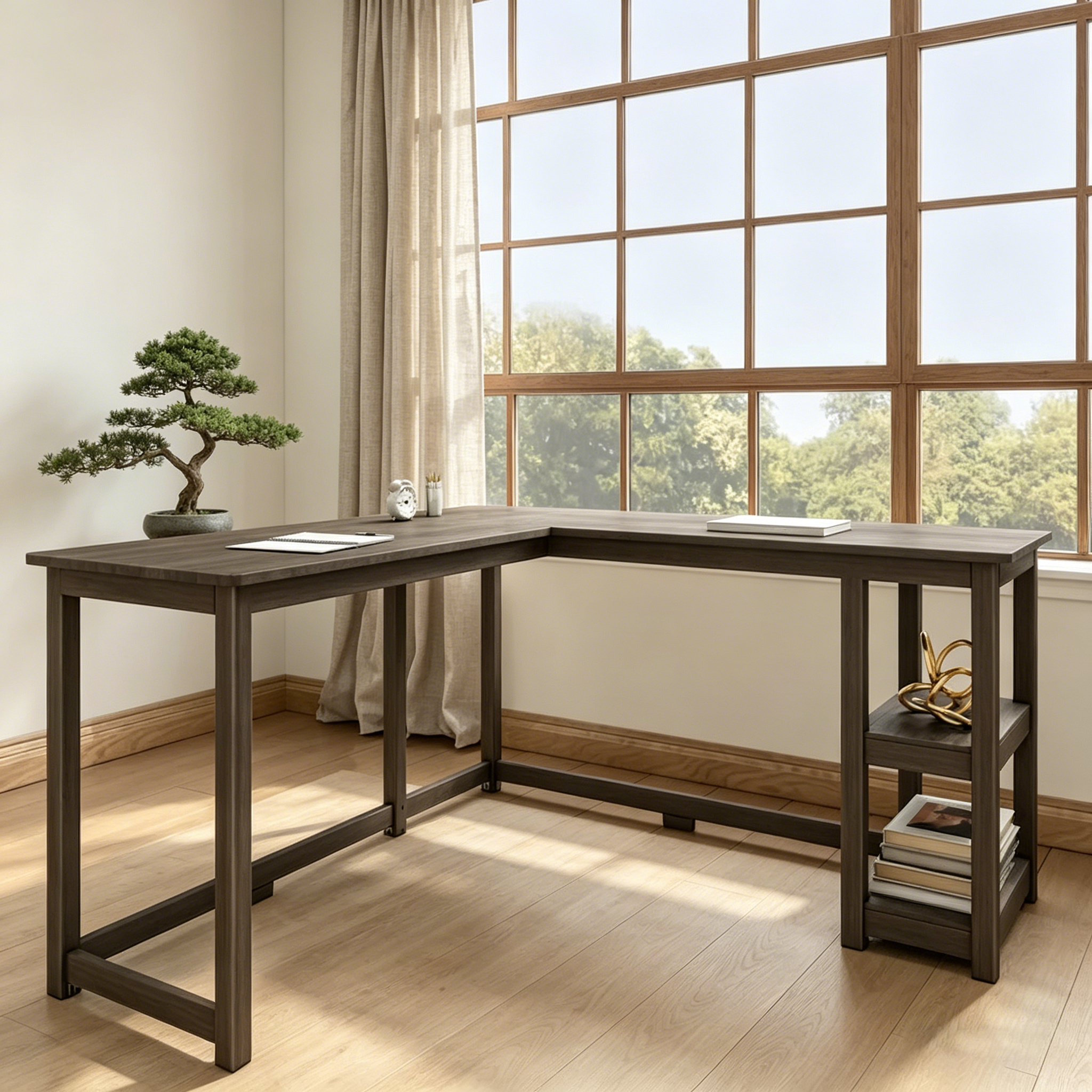 Bureau d'angle avec étagères style planche et poutre